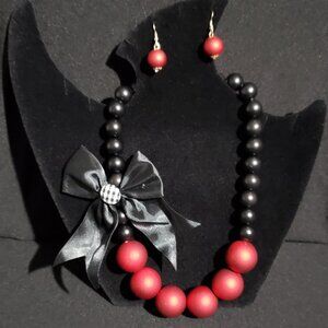 NWT - Fashion Statement Resin Beads with Silk Ribbon Necklace & Earrings Set
